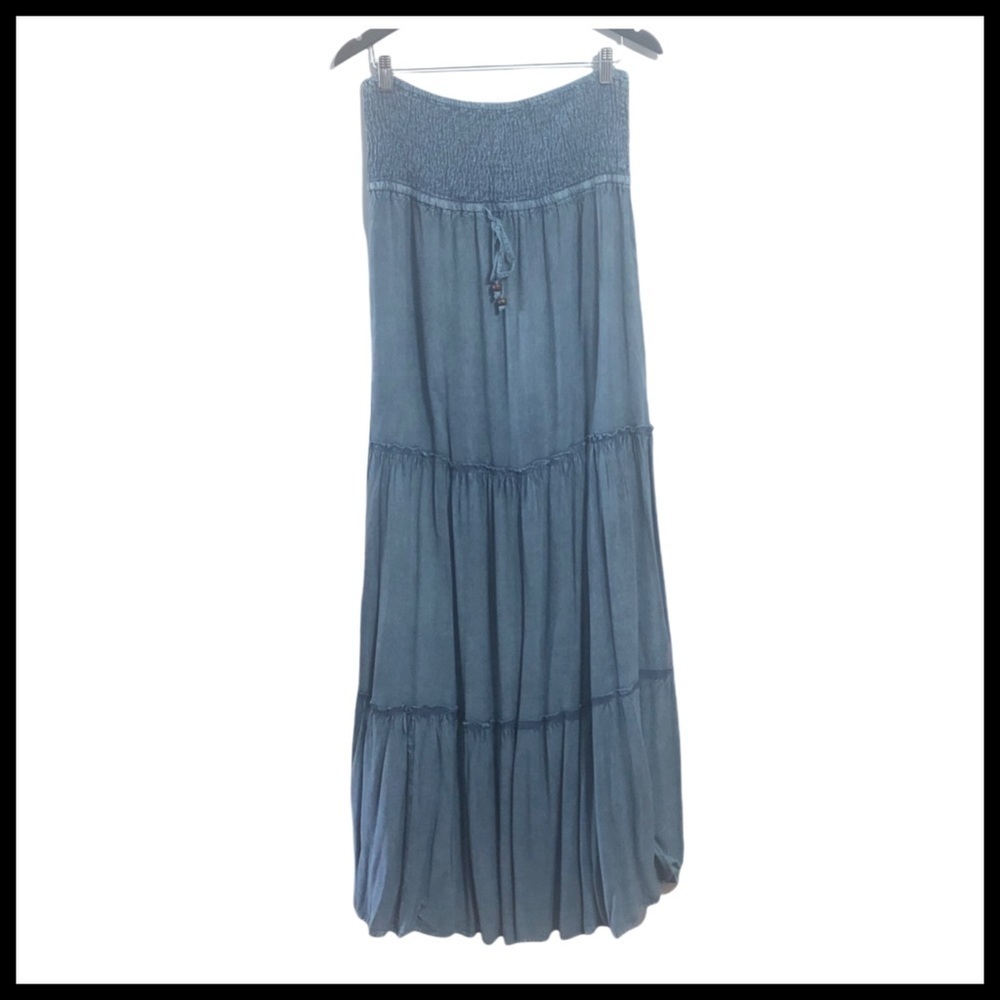 QED LONDON Strapless Smocked Chambray Maxi Dress
